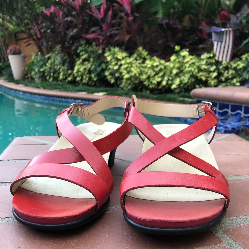 Never worn!  Red Leather SAS Sandals 8.5WW